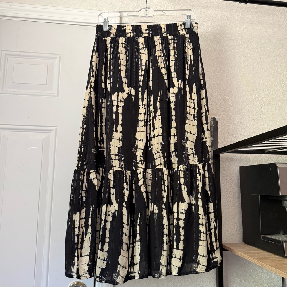 BA&SH black cream tie dye tribal tiered viscose elastic waist midi skirt